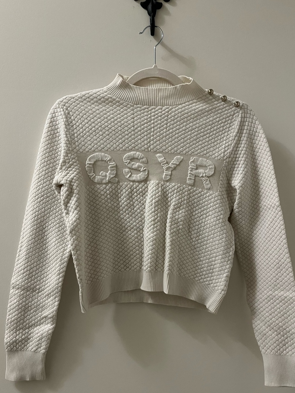 Cream Quilted Crewneck Sweater with Shoulder Buttons